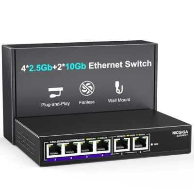 Imagen de 10Gb Ethernet Conmutador no administrado con 2 Puertos RJ45 ➕ 4 2.5G Base T. de Red NICGIGA 6 y 10Gbps para Ap inalámbrico, NAS PC.