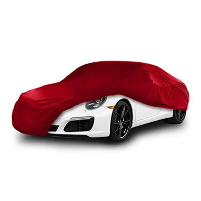 Imagen de Cosmos Funda de Coche para Uso Interior compatible con las principales Berlinas Medianas, Tejido Elástico, Transpirable y Antipolvo, Suave al Tacto, Ajuste Perfecto, Rojo