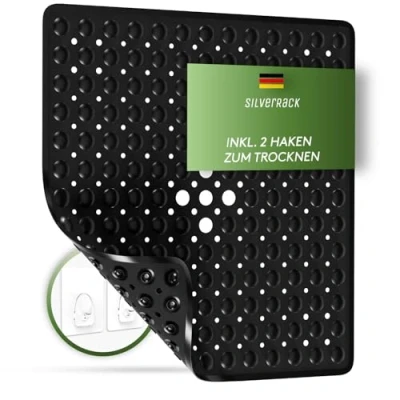 Imagen de SilverRack alfombrilla de ducha 53 x cm (negro), antideslizante, sin bisfenol A, para niños y bebés, baño resistente al moho lavable a máquina