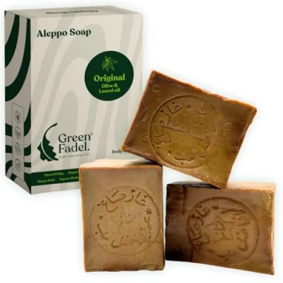 Imagen de GREEN FADEL Aleppo Jabón Original 3 x 200g Aceite de Oliva &amp; Laurel, Oliva, Natural, Soap, Incluye Bolsa para Jabón, Hecho a Mano, Vegano