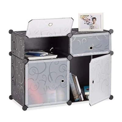Imagen de Relaxdays Sistema Estantería Modular con 4 Compartimentos, Plástico, Negro, 56x75x37 cm, Acero, 32x96x65 cm