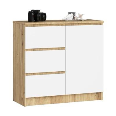 Imagen de AKORD Cómoda Jerry Cajonero con 1 Puerta 3 Cajones 2 Estantes Credenza Alta 80 cm 80x35x77 Roble Artisan &amp; Blanco Frente