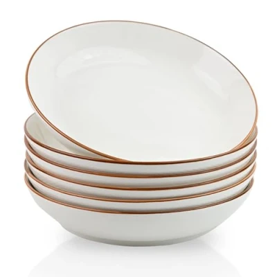 Imagen de ALLUSEIT Juego de 6 cuencos para pasta, platos ensalada porcelana con patrón cuadrícula blanca, cerámica servir sopa, fideos, cena, etc. Apto microondas y lavavajillas