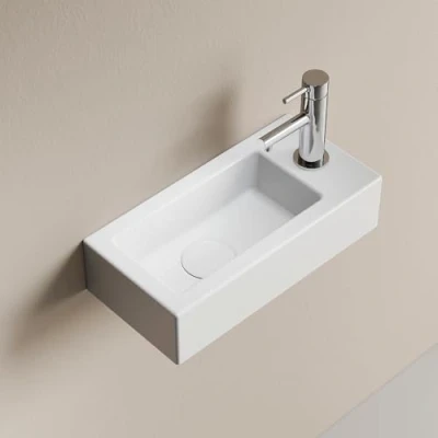 Imagen de EMKE Lavabo Suspendido 365 x 180 90 mm Compacto y Elegante para Pequeños Baños WC de Invitados Grifo a la Derecha, Instalación en Pared, Blanco Brillante