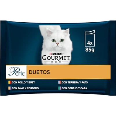 Imagen de Gourmet Purina Perle Duetos, Comida Húmeda para Gato con Carnes Delicadas, 12 paquetes de 4 sobres 85g 48
