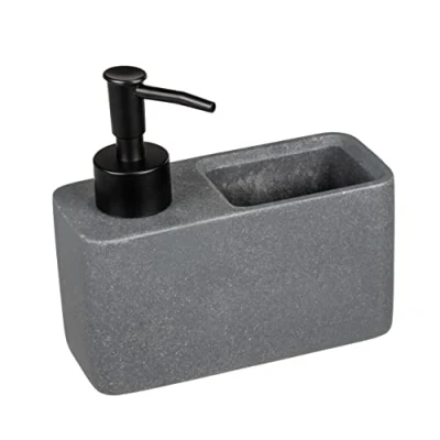 Imagen de WENKO Dispensador de lavavajillas Resa, dosificador cocina, aspecto piedra y práctico compartimento para estropajos, incluye estropajo, recargable, aprox. 150 ml, 14,5 x 14,3 6 cm, gris oscuro