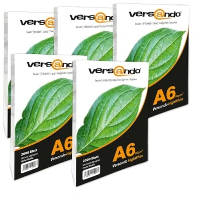 Imagen de Versando 10.000 folios DIN A6 (105 x 148 mm) papel de impresión ecológico blanco brillante 80 certificado medioambiental universal para impresión, fax, etc g/m²