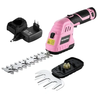 Imagen de WORKPRO 12V Tijera Cortacésped y Arreglasetos 2 en 1, Cortasetos Eléctrico para Césped Arbustos con Cuchillas, Batería Cargador, Tijeras Arreglaseto Ancho de Corte 12,5 cm Jardinería, Rosa