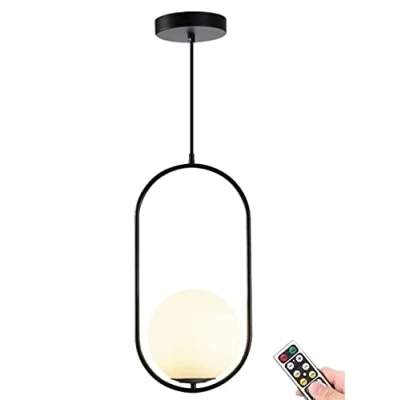 Imagen de KEFA lámpara colgante de mediados siglo, no cableada, funciona con pilas, techo cristal globo blanco para cocina, isla, comedor, dormitorio
