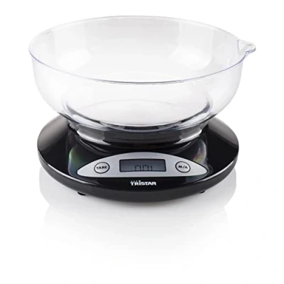 Imagen de Tristar KW 2430 Báscula de Cocina con bol medidor plastico, Pantalla LCD, Pesa hasta 2 kg, función tara, botón encendido y apagado, Negro