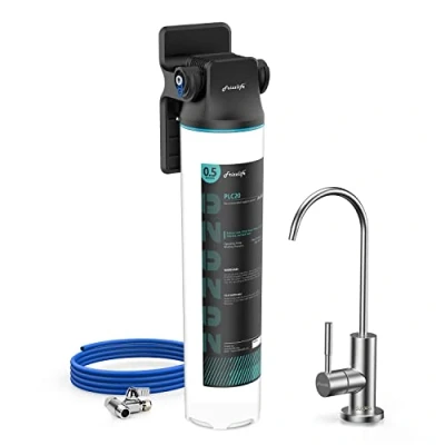 Imagen de Filtro de agua bajo el fregadero Frizzlife SW20F con grifo níquel cepillado, certificado NSF/ANSI 53&amp;42, reduce en un 99,99% plomo, cloro y mal sabor, capacidad para 3 años, 0,5 micras