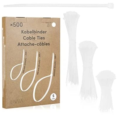 Imagen de Paquete de bridas para cables en color blanco: 500 sujetacables 3 tamaños distintos Organizador Abrazaderas blancas 100, 150 y 200 mm LIVAIA