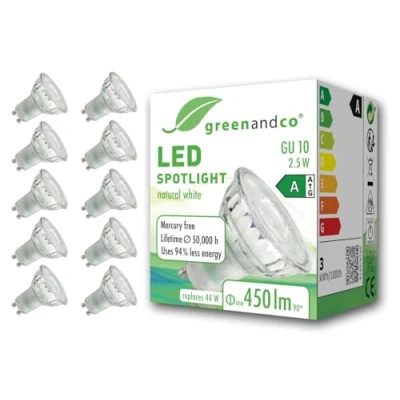 Imagen de greenandco 10x GU10 sustituye A 44 vatios blanco neutro 4000K 2.5W 450lm 100 sin parpadeo eficiencia energética clase bombilla LED 230V no regulable