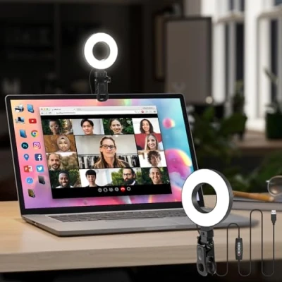 Imagen de Mojimdo Luz de Videoconferencia [3 Colores 10 Niveles Brillo] RA&gt;95 Anillo LED para Portátil con Clip Webcam, Youtube, TikTok, Foto, Live Streaming