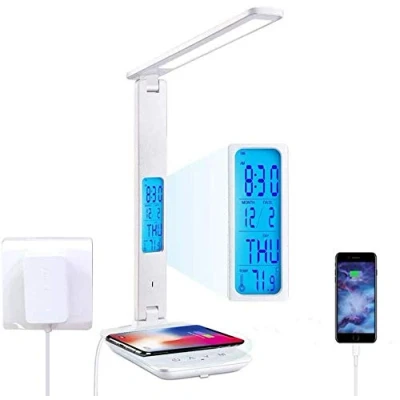 Imagen de Morwealth lámpara de escritorio LED con 10 W QI carga inalámbrica, Flexo mesa, 3 colores y 5 niveles brillo, puerto USB, control táctil