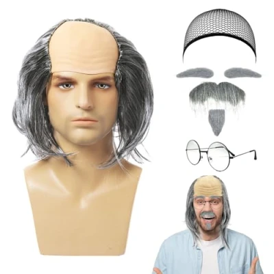 Imagen de UILYNIU 7 Piezas Juego de Pelucas Semicalvas,Peluca Abuelo,Barba Falsa,Cejas,Gafas,Gorro Peluca,Peluca Calva,Peluca Hombre,Peluca Anciano,Peluca Profesor,Peluca Gris (7 Piezas)
