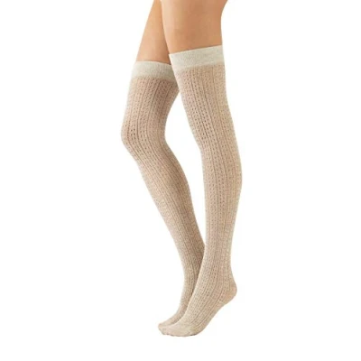 Imagen de CALZITALY Calcetines sobre la rodilla para mujeres y chicas en algodon, Medias altas caladas con diseno chevron, Azul, Gris, Negro, 300 den, Talla Unica Made In Italy (Canalé Beige)