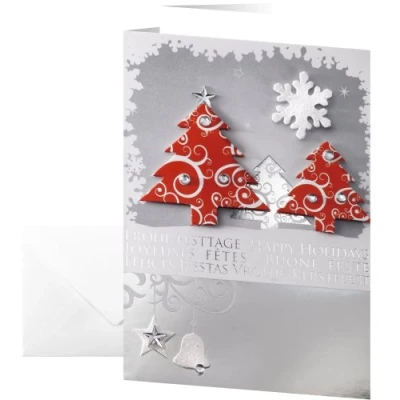 Imagen de SIGEL DS454 10 tarjetas de Navidad o felicidades, entregadas con sus sobres, diseño árboles Navidad, 10,5 x 14,8 cm, gris, blanco, rojo y plateado, fácil imprimir