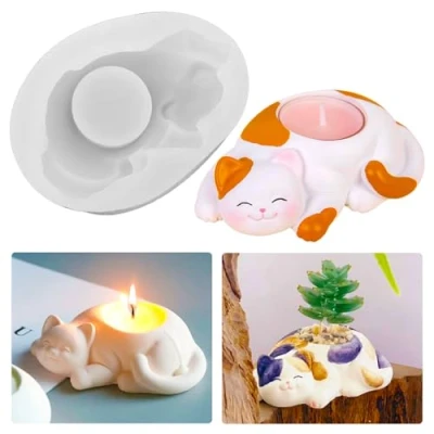 Imagen de molde de silicona para velas, hormigón, silicona, forma gato, vela té, fundición, animales, candelabro 3D, portavelas resina epoxi macetas