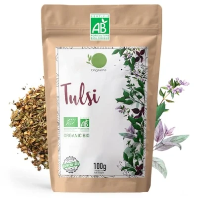 Imagen de ORIGEENS Tulsi ECOLÓGICO 100g I HOJAS SECAS de ALBAHACA SAGRADA Té ecológico a granel, sin teína, Infusión antiestrés
