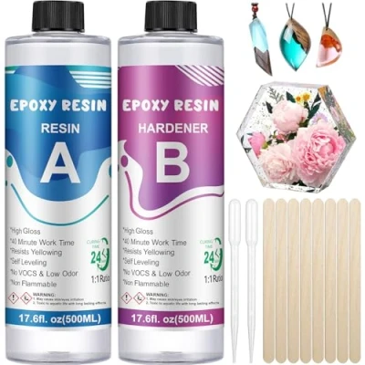 Imagen de OFCIIN Kit Resina Epoxi 2 Componentes 1000ml, Transparente Manualidades, para Madera, Fabricación de Joyas, Bricolaje