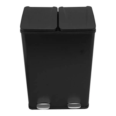 Imagen de Cubo Basura Doble Negro con Pedal 60L Acero Inoxidable Dos Compartimentos Extraíbles Mangos Integrados Reciclaje y Residuos Generales Base de Goma Antideslizante Paño Microfibra GRATIS
