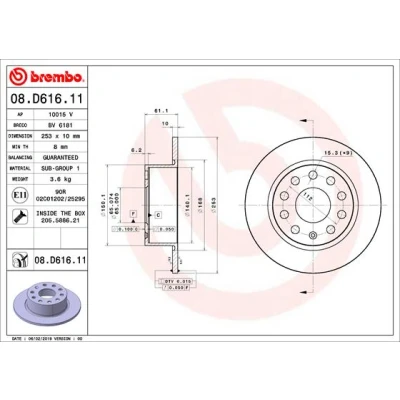 Imagen de BREMBO 08.D616.11 Disco de freno 253 10 9 macizo revestido con tornillos SKODA: Octavia 3 Combi, Schrägheck