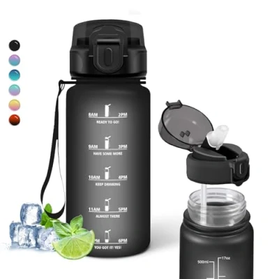 Imagen de Botella Agua Niños 500ml con Pajita, Reutilizable, a Prueba de Fugas, Motivacional Marca Tiempo, Cantimplora, para , Café, Colegio