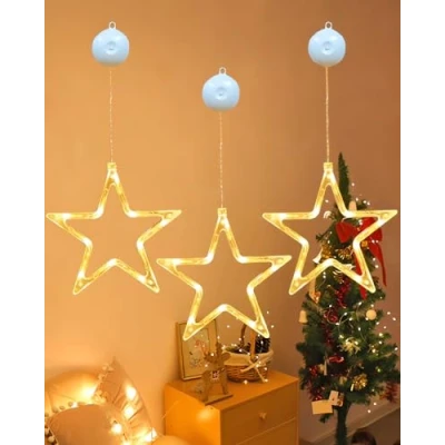 Imagen de Anmossi LED Luces de Navidad,3 Piezas Cortina Navidad,10 Ventana,Cortina con Estrella a Pilas,Blanco Calido,Temporizador,Decoración para Interior Exterior Navidad Fiesta