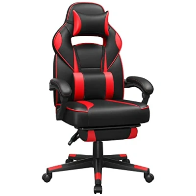 Imagen de SONGMICS Silla de Oficina, Juego, Ajustable, reposapiés telescópico, Mecanismo basculante, reposacabezas, Soporte Lumbar, Carga 150 kg, Negro Tinta y Rojo Fresa OBG73BRV1