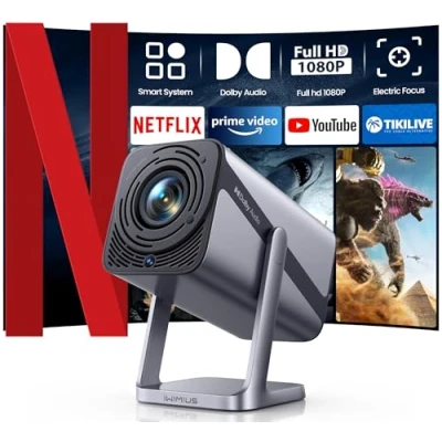 Imagen de Smart Proyector 4K [Netflix Oficial/Dolby/E Focus/Auto Keystone] WiFi Bluetooth 1080P Nativo Portátil, Full HD Proyectores con Zoom del 50%, Giratorio 360 para Móvil/PC/Cine en Casa