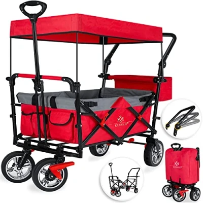 Imagen de KESSER® Carrito Plegable GT9000 Carro con Techo Incluye 2X Sistema de Cinturones 3 Puntos Neumáticos Goma Maciza hasta 80 kg Freno Delantero y Trasero + Bolsa Transporte, Rojo Gris