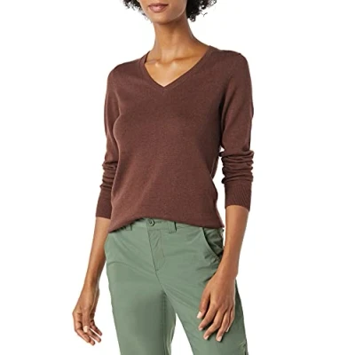 Imagen de Amazon Essentials Jersey de Cuello en V, Manga Larga, Ligero y Ajuste Clásico (Disponible Tallas Grandes) Mujer, Castaño Oscuro Mezcla, M