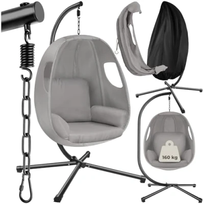 Imagen de tectake® Columpio Jardín Exterior con Estructura, Silla Colgante Giratoria, Altura Ajustable, Hamaca para Interior y Exterior, Sillón Cojines, hasta 160Kg, Funda gris claro