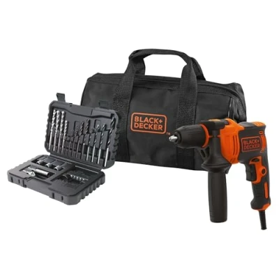 Imagen de BLACK+DECKER Set de 32 Accesorios + Bolsa Transporte Taladro percutor con cable 710W, una herramienta Versátil para Atornillar y Taladrar, BEH710SA32