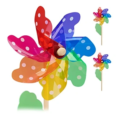 Imagen de Relaxdays Molinillo de Viento Set 2, Estampado Puntos y Hoja Decorativa, para Jardín Balcón, Madera PP, Multicolor