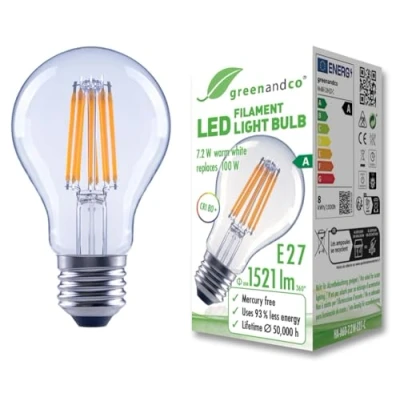 Imagen de greenandco bombilla de filamento LED transparente E27 A60 7,2W 1521lm sustituye A 100W 3000K blanco cálido 320 230V sin parpadeo clase energética no regulable