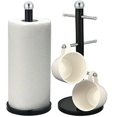 Imagen de Royal Cuisine Juego de soporte para rollo cocina toallas papel y 6 tazas con base antideslizante pesada acero inoxidable (negro)
