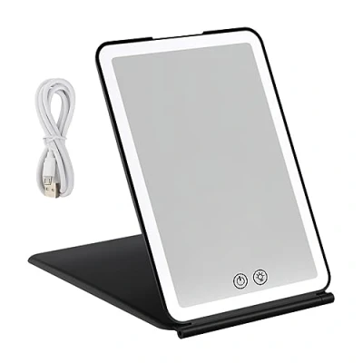 Imagen de Espejo de Maquillaje Viaje con 72 Luces LED, USB Recargable Portátil Iluminado, Iluminación 3 Colores, Regulable, Delgado Cosmético Sobremesa (Negro)