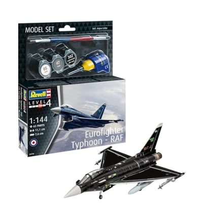 Imagen de Revell Juego de modelo 63796 Eurofighter Typhoon RAF escala 1:144 Kit plástico sin construir/sin pintar con pegamento profesional Contacta, pincel y pinturas color aguamarina