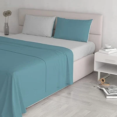 Imagen de Italian Bed Linen Juego de sábanas Natural Color Plana 150x300, Hoja instalada 90x200cm+Funda 52x82cm, Petroleo/Verde Botella, Rojo/Burdeos, singolo