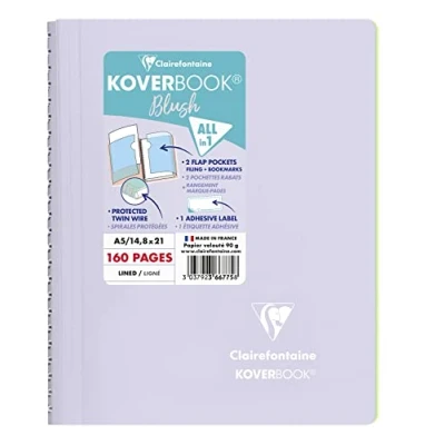 Imagen de Clairefontaine 366775C Cuaderno de espiral Koverbook Blush, 160 páginas desmontables, 14, 8 x 21 cm, 90 g, con rayas, tapa polipropileno envuelta, color lila y verde