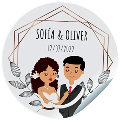 Imagen de Etiquetas adhesivas boda. Pegatinas personalizadas con nombre y fecha para los regalos de tus invitados. Tamaño 45mm/60mm/70mm diámetro. (Pareja 5)