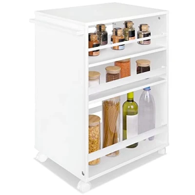 Imagen de bomoe Carro de Cocina con 4 Ruedas Servicio 3 Niveles Ajustables, Encimera Madera FSC cocinas baño nicho Independiente Bengt Blanco