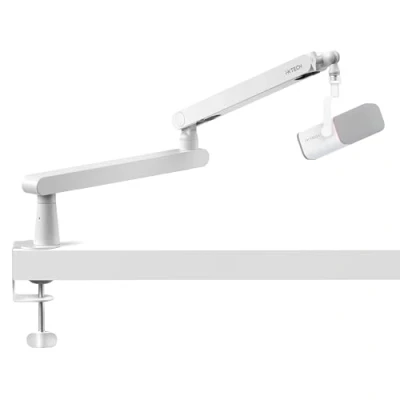 Imagen de IXTECH soporte de brazo micrófono blanco perfil bajo, ajustable con gestión cables integrada, giratorio 360, modelo lagarto