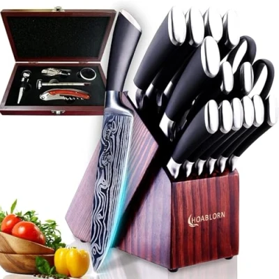 Imagen de ChefHoablorn Juego de cuchillos cocina con portacuchillos, 15 profesionales acero inoxidable Damasco afilador incorporado y caja regalo para vino