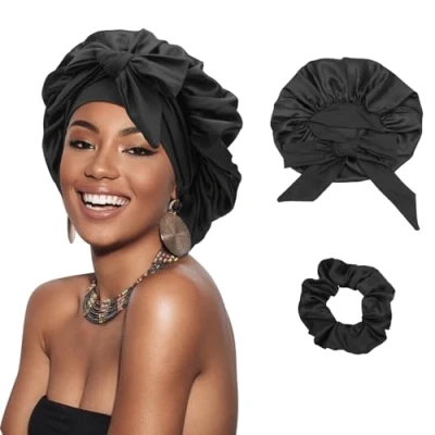 Imagen de DRESHOW Gorro Saten Pelo Rizado Ajustable para Mujere Bonnet de Seda Dormir Sueño con Banda Elástica Mujeres