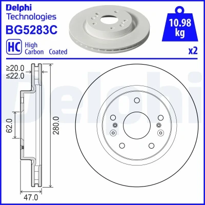Imagen de DELPHI Disco de freno 280mm 22mm 5 ventilado revestido altamente carbonizado BG5283C 5531161M11 Discos freno,