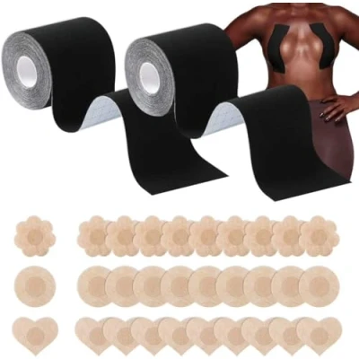 Imagen de HSAJS 2 Rouleau de Poitrine et 15 Paires Cache tétons, Boob Tapeet, Soutien Gorge adhesif Breast Lift Tape pour A E Cup, Ruban Levage Respirant Bricolage (Negro)