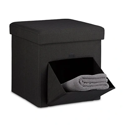 Imagen de Relaxdays Taburete Almacenaje, Puff Asiento Almacenamiento, Reposapiés, con Tapa y Puerta, Lino, 1 Ud, 38 x cm, Negro, Gomaespuma